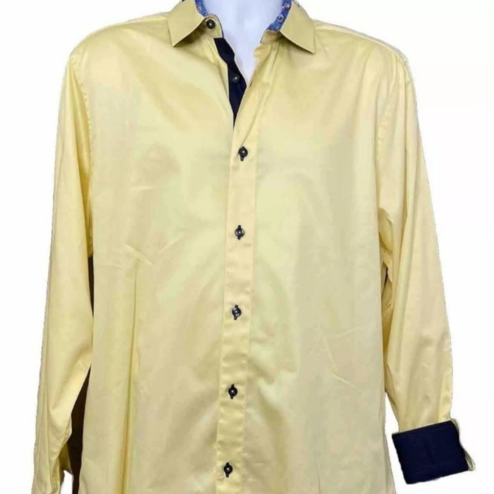 Gianni Lorenzo Men's XL 15.5/16 Yellow Navy Trim Flip Cuffs Cotton Vintage Shirt